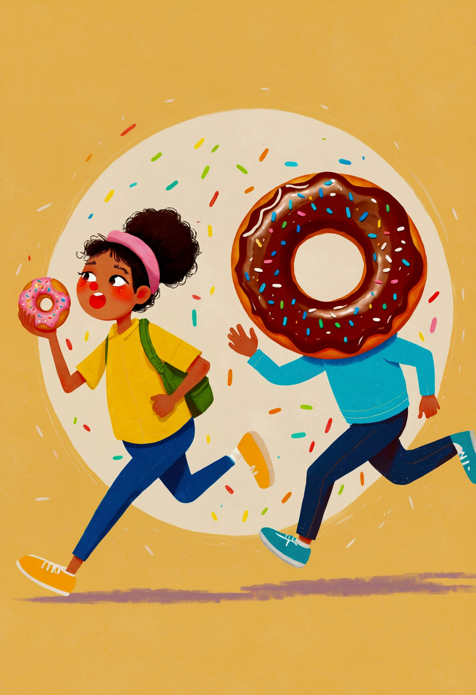 there are two people that are running with a donut, Concept art inspired by Trevor Brown, Shutterstock competition winner, Childish Art, 🪔 🎨;🌞🌄, donut, the mighty donut, funny illustration, eating a donut, Hand drawn cartoon art style, food illustrations
