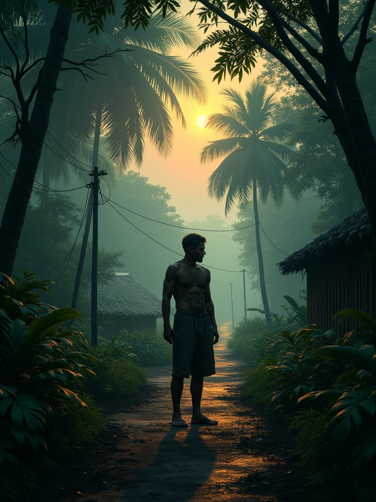 A middle-aged man, returning home after a long day's work, stands on a dark, narrow path in a remote Amazonian town, surrounded by dense, whispering trees.