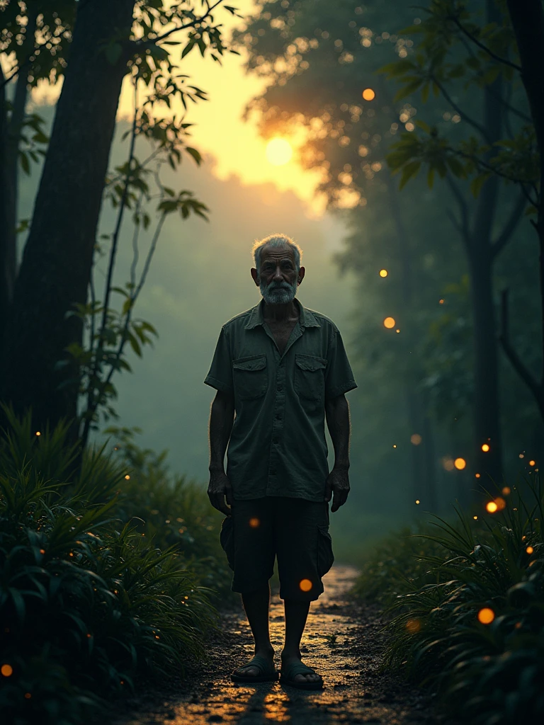 A middle-aged man, returning home after a long day's work, stands on a dark, narrow path in a remote Amazonian town, surrounded by dense, whispering trees.