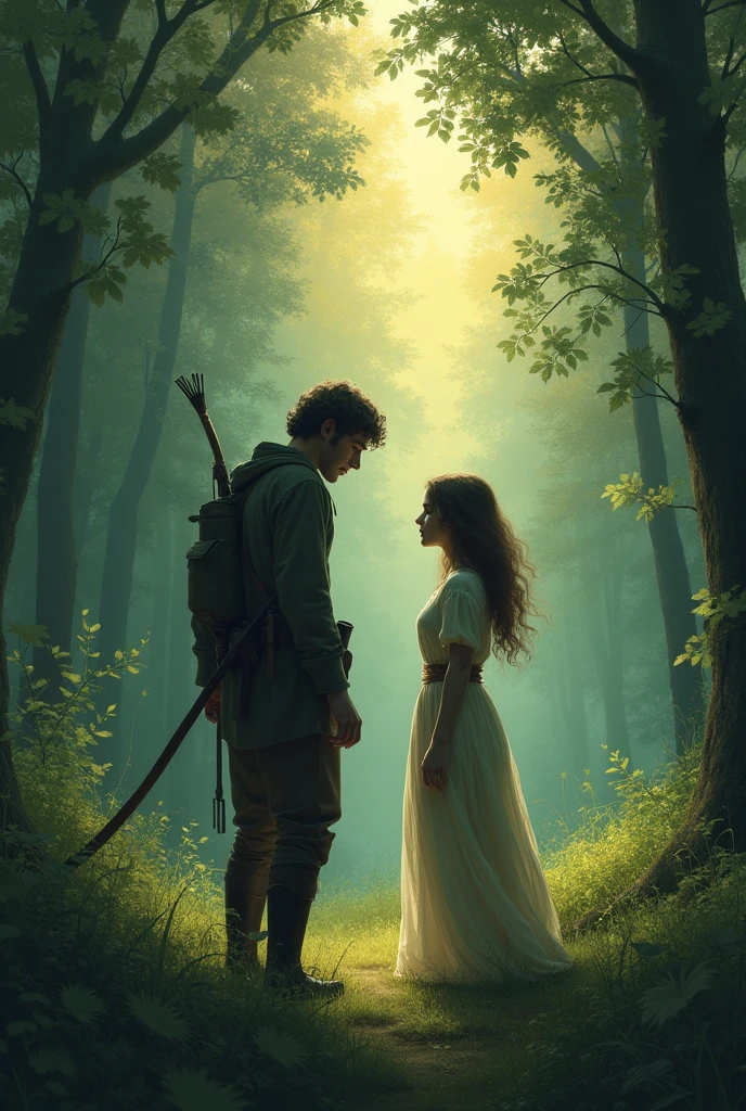 In the forest clearing, at dusk, a young hunter walked alone, absorbing the tranquility of the surroundings. He never imagined he would cross paths with someone in that secluded corner, bet, As she rounded a bend, she caught sight of a maiden. She seemed lost, with eyes revealing a mix of fear and hope. Their gazes met, and something deep and inexplicable passed between them.