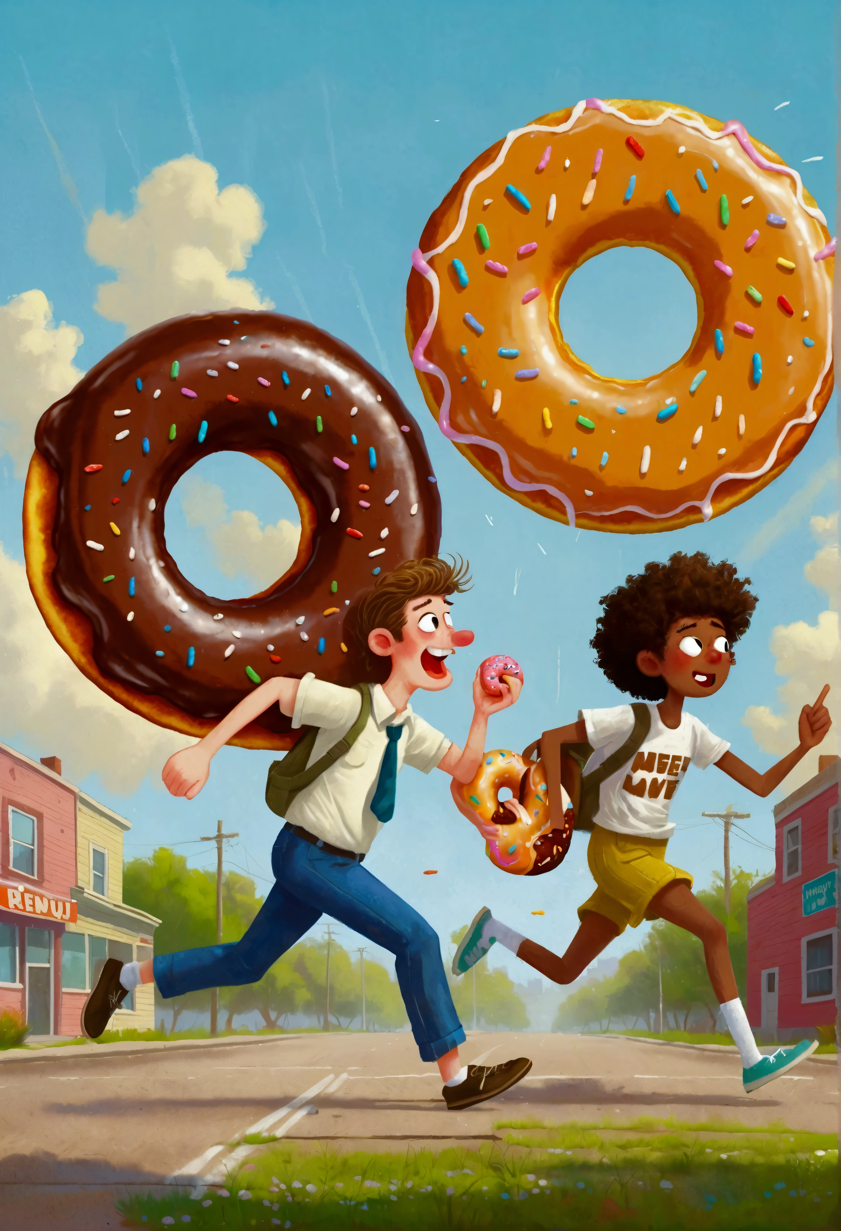 there are two people that are running with a donut, Concept art inspired by Trevor Brown, Shutterstock competition winner, Childish Art, 🪔 🎨;🌞🌄, donut, the mighty donut, funny illustration, eating a donut, Hand drawn cartoon art style, food illustrations
