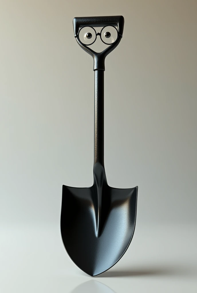 Black shovel with the big end facing up, with eyes and glasses