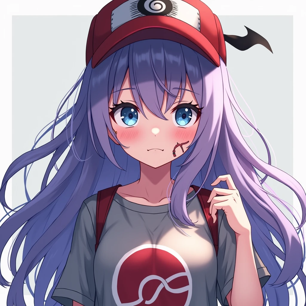 Female character, anime styling, cabelo roxo, long hair, pretty, skin fair, blue colored eyes, with a Pokémon Poké Ball hat, with naruto shippuden anime t-shirt, cut below the left eye 


