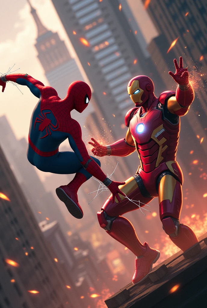 Spiderman and ironman fighting with a dangerous villain