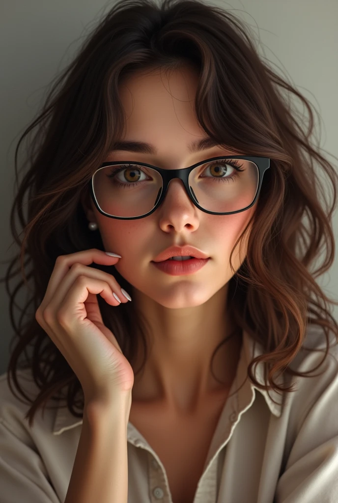 25 year old brunette woman with wavy brown hair and glasses More brunette Brown eyes