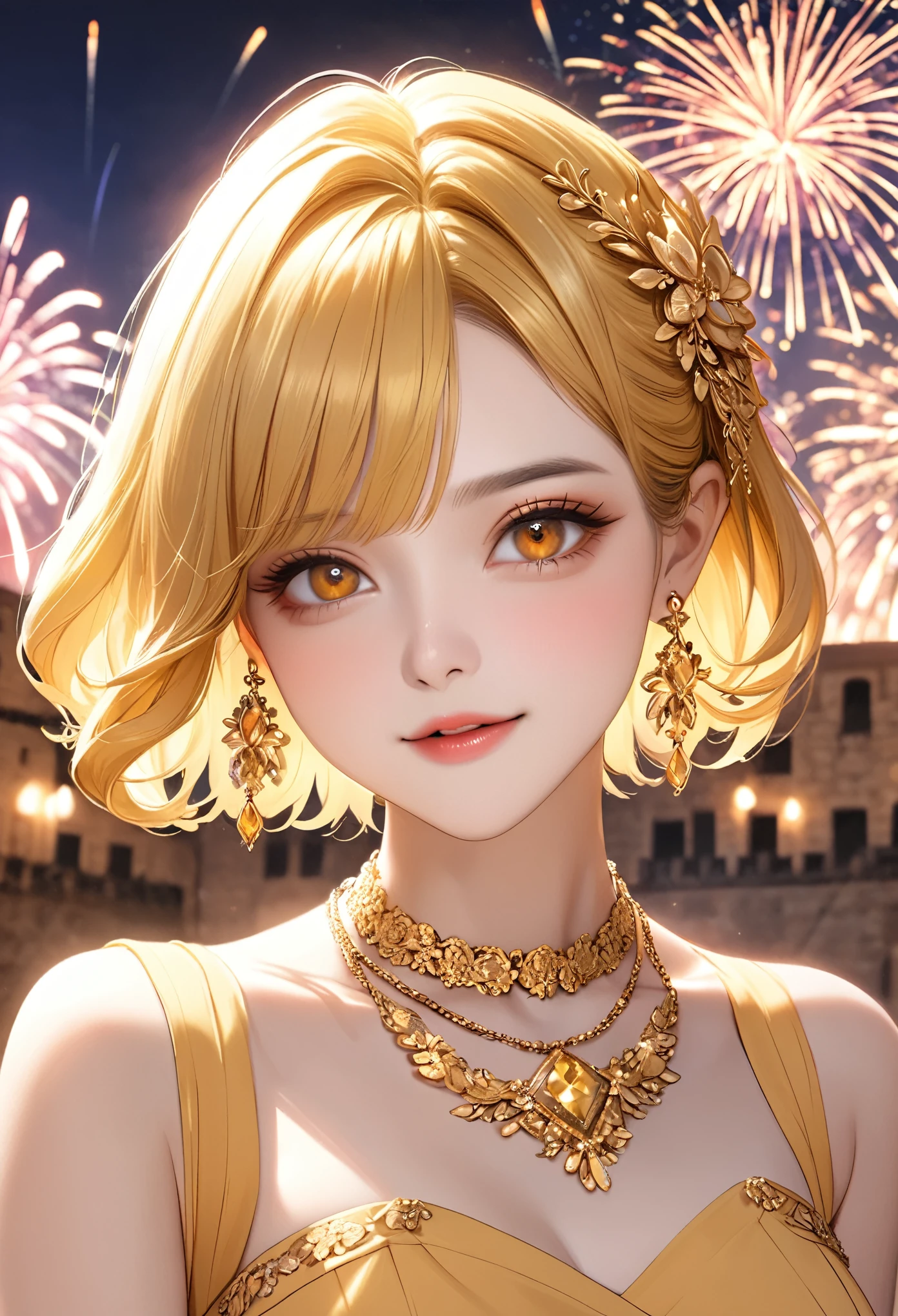 1 female Yellow short wavy hair Yellow eyebrows Orange eyes Socialite debut Beige long dress with gold embroidery Inside the castle firework hair ornaments Gorgeous necklace with matching earrings Golden West