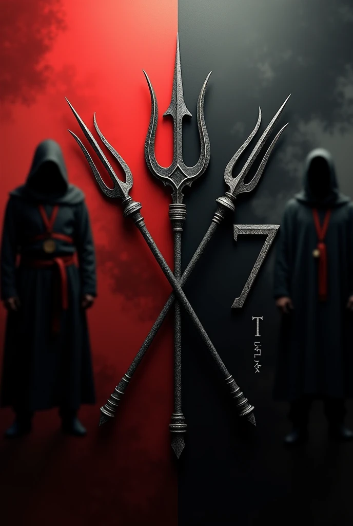 Black background
Two crossed antique tridents in the middle of the image
Not black color
On the right side a number seven
On the left side written ( Tiriri )
Red half
Black half
With men in the background all wearing capes in the blurred background 