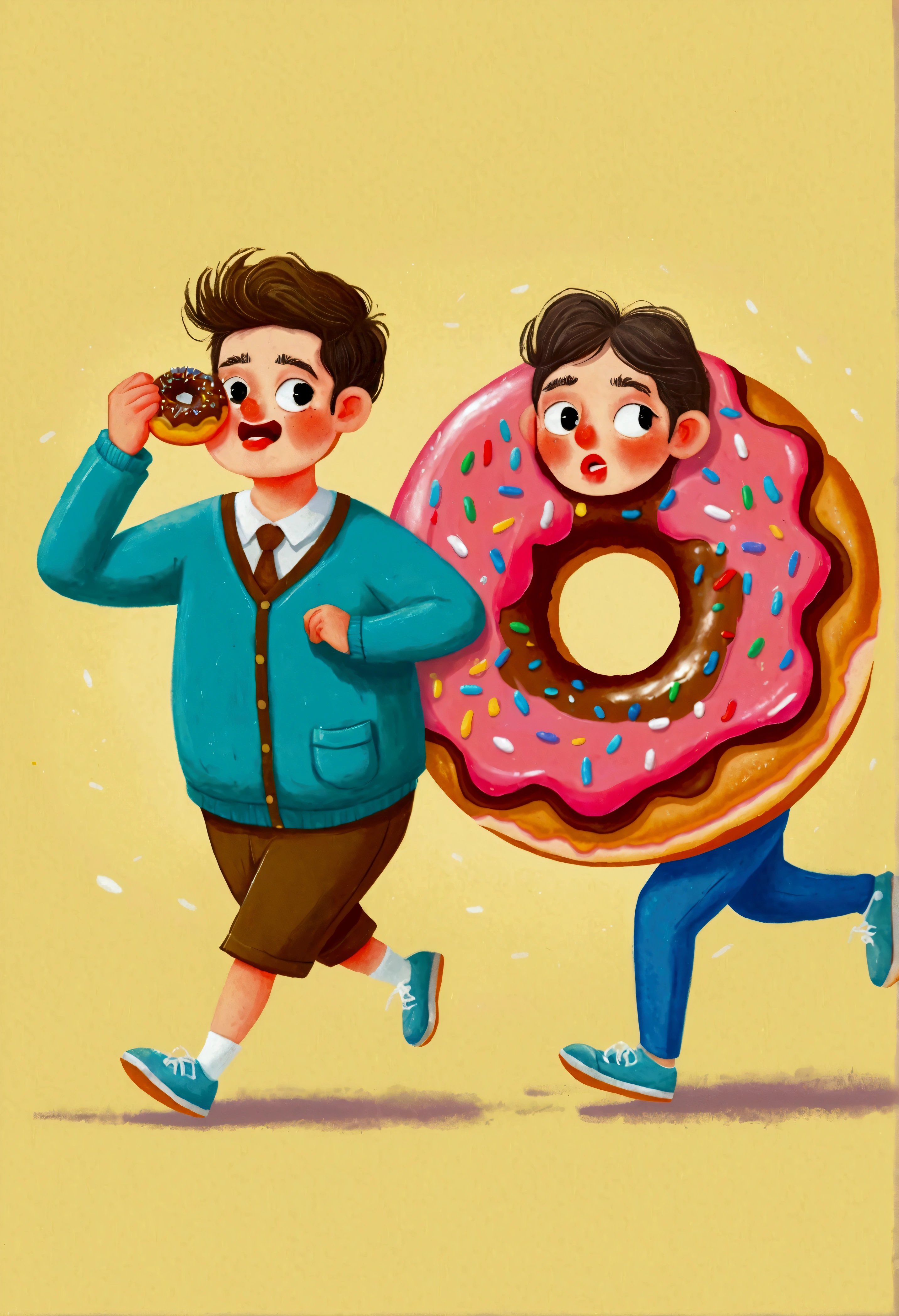 there are two people that are running with a donut, Concept art inspired by Trevor Brown, Shutterstock competition winner, Childish Art, 🪔 🎨;🌞🌄, donut, the mighty donut, funny illustration, eating a donut, Hand drawn cartoon art style, food illustrations