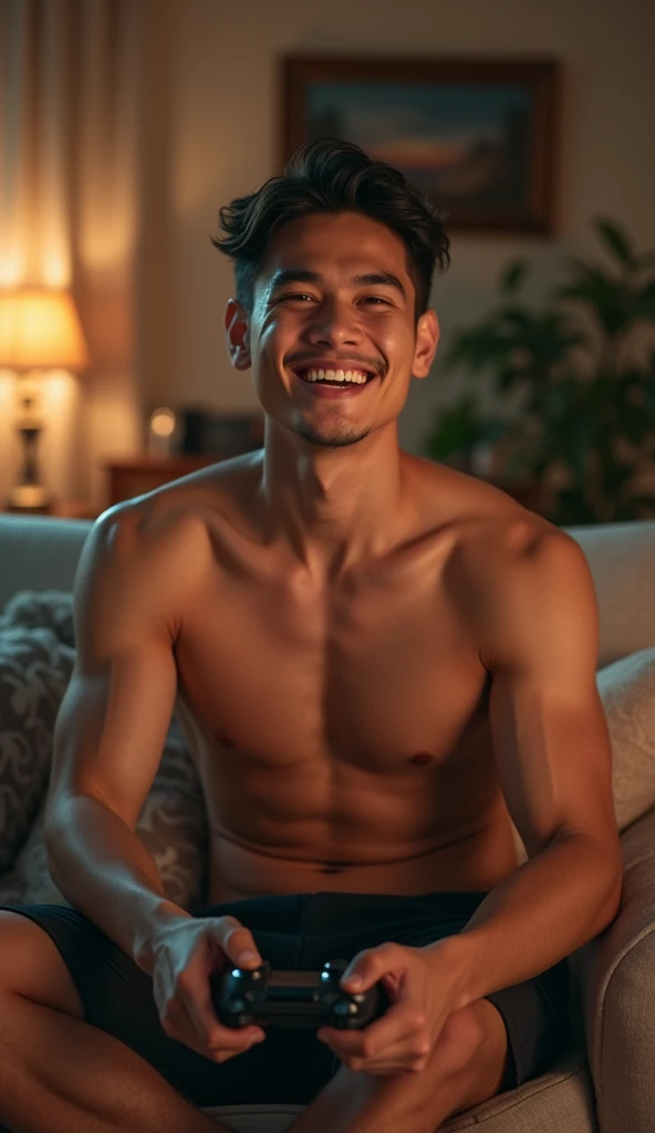 photorealistic, best quality, masterpiece, extremely detailed, side view, pov sitting next to, extremely handsome, 20 year old bruneian man, no facial hair, muscular build, laughing, looking directly at camera, holding a video game console controller, playing video games, sitting on couch, in fun bedroom, extremely romantic atmosphere, perfect face, perfect fingers, perfect hands, perfection