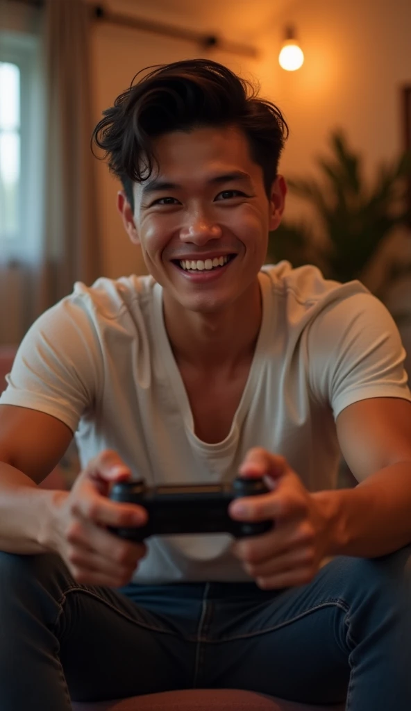 photorealistic, best quality, masterpiece, extremely detailed, side view, pov sitting next to, extremely handsome, 20 year old bruneian man, no facial hair, muscular build, laughing, looking directly at camera, holding a video game console controller, playing video games, sitting on couch, in fun bedroom, extremely romantic atmosphere, perfect face, perfect fingers, perfect hands, perfection