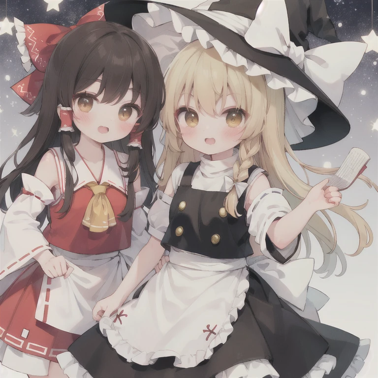 (kirisame marisa:1.4), (Hakurei Reimu:1), lily, high quality, Witch Hat,