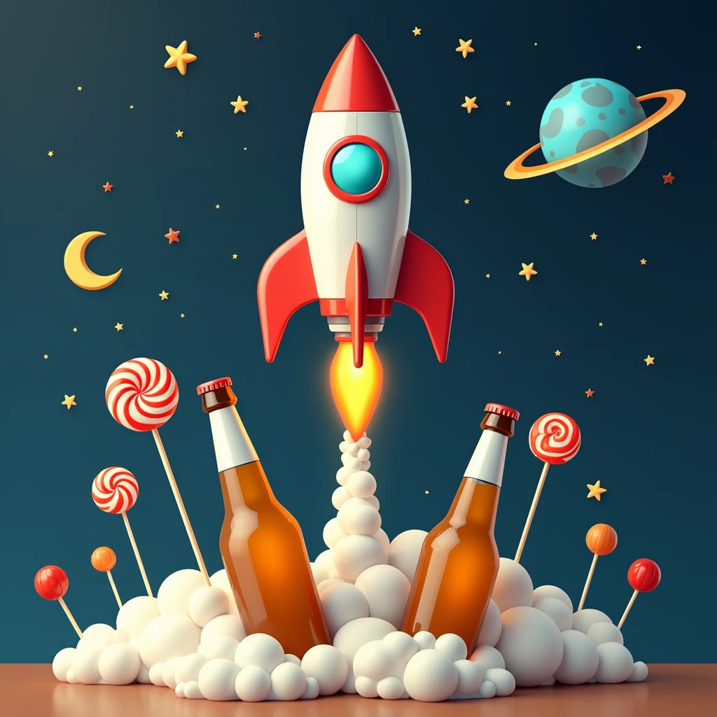 Create a party space rocket that flies over a planet with lollipop trees and a couple of beer bottles.
