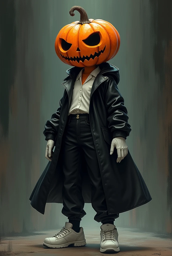 Make a humanoid black Halloween pumpkin using a black leather coat and a white blouse, with black pants and sneakers, and white gloves on its arm. (don't make her tall) with a dark anime art style