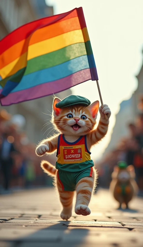 wonderful, wonderful, Olympic, Meme-like, A kitten wearing a beret and running uniform won the Paris Marathon., Holding a Large Rainbow Flag, (Escorted by a cat wearing traditional Irish clothing Lv9), (Overflowing with Happiness Celebration Lv10) (Cute Fur Lv9) (Dramatic Scene Lv9) (RAW Quality Lv9) (Meme Lv10)