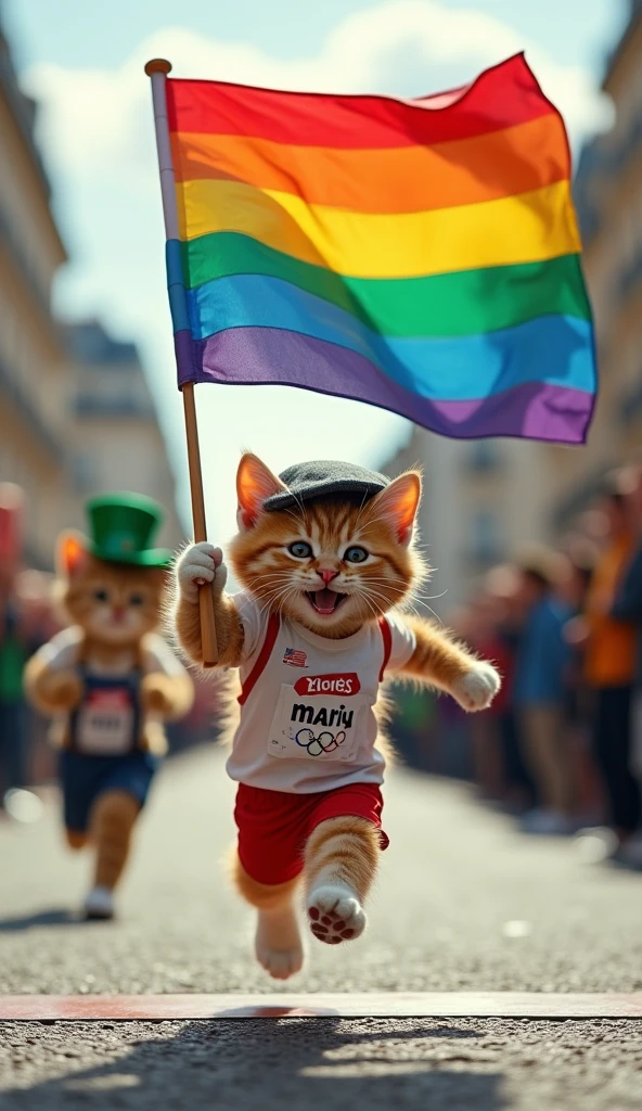 wonderful, wonderful, Olympic, Meme-like, A kitten wearing a beret and running uniform won the Paris Marathon., Holding a Large Rainbow Flag, (Escorted by a cat wearing traditional Irish clothing Lv9), (Overflowing with Happiness Celebration Lv10) (Cute Fur Lv9) (Dramatic Scene Lv9) (RAW Quality Lv9) (Meme Lv10)