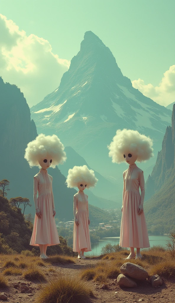 a group of alien-like creature with cloud head, mountain on the background, town, pastel colors, surreal atmosphere, dreamcore, raw photo, film grain, aerial shot, shot using 1960s camera