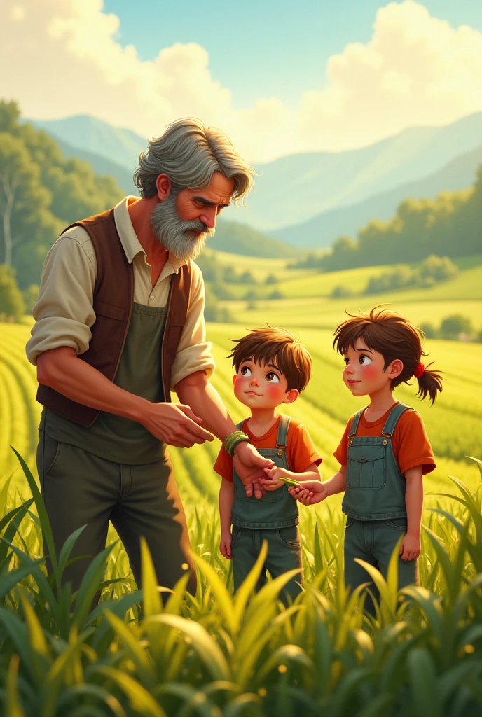 The father is teaching his children to work in the field. Everyone is having fun while learning.