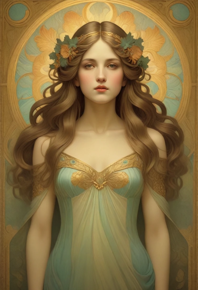 old (Masterpiece, Best Quality, Highres:1.2) Art Nouveau Style Beautiful Woman with Long Hair Shaped as Flowers in the Style of Alphonse Mucha, portrait of a beautiful cute, very beautiful, standing artistically, realistic natural, professional light distribution, very artistic lighting gradation, artistic detail, highly detailed, centered, Nymph-pattern vintage wallpaper with dramatic backlighting casting deep shadows, featuring a meticulously crafted illustration inspired by Dan Mumford and Alphonse Mucha, hyper-realistic and photorealistic textures, extremely detailed with intricate floral and foliage elements, octane rendered in 8K (extremely detailed 8k wallpaper), Golden ratio, hidden ancient Greek symbols (, Spiral), balanced design, color harmony, Vernis Martin, golden, ancient mythology, artistically twisted edges, reminiscent of old-world craftsmanship with a contemporary edge, volumetric lighting, ultra fine details