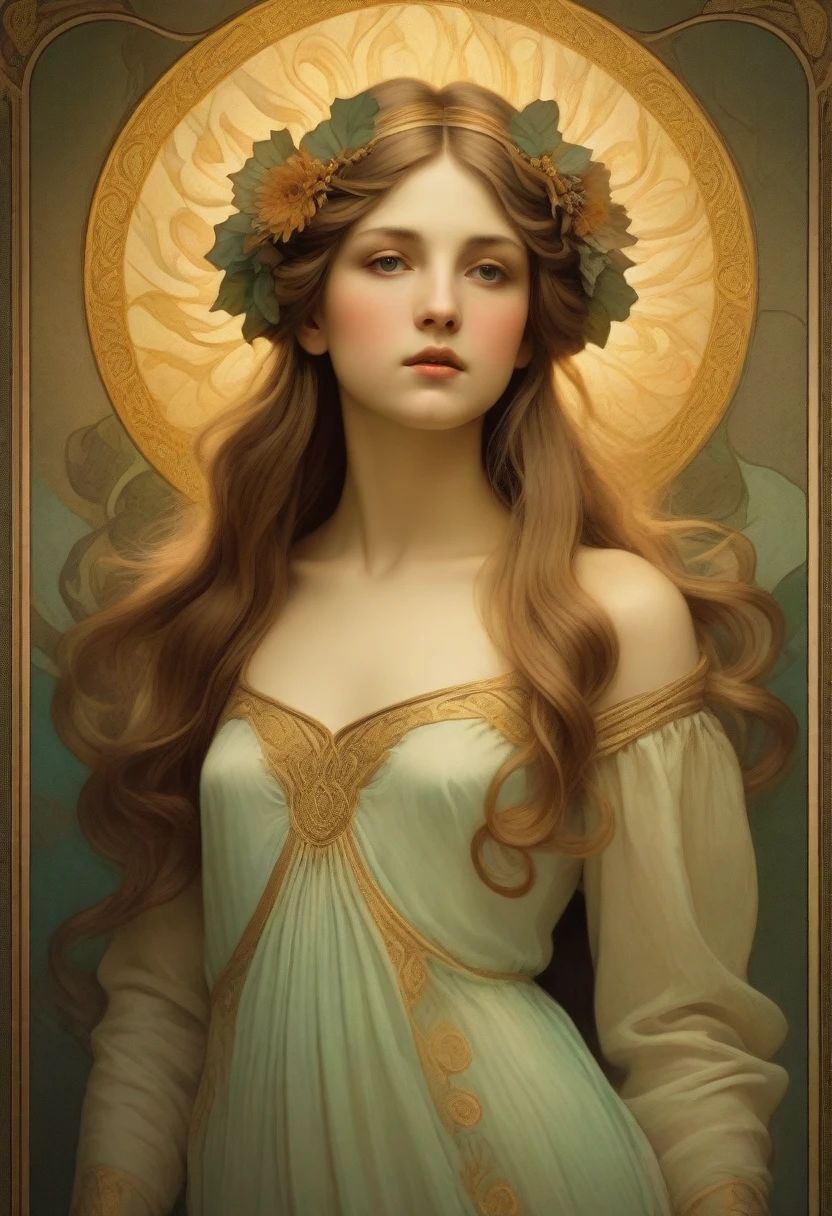 old (Masterpiece, Best Quality, Highres:1.2) Art Nouveau Style Beautiful Woman with Long Hair Shaped as Flowers in the Style of Alphonse Mucha, portrait of a beautiful cute, very beautiful, standing artistically, realistic natural, professional light distribution, very artistic lighting gradation, artistic detail, highly detailed, centered, Nymph-pattern vintage wallpaper with dramatic backlighting casting deep shadows, featuring a meticulously crafted illustration inspired by Dan Mumford and Alphonse Mucha, hyper-realistic and photorealistic textures, extremely detailed with intricate floral and foliage elements, octane rendered in 8K (extremely detailed 8k wallpaper), Golden ratio, hidden ancient Greek symbols (, Spiral), balanced design, color harmony, Vernis Martin, golden, ancient mythology, artistically twisted edges, reminiscent of old-world craftsmanship with a contemporary edge, volumetric lighting, ultra fine details