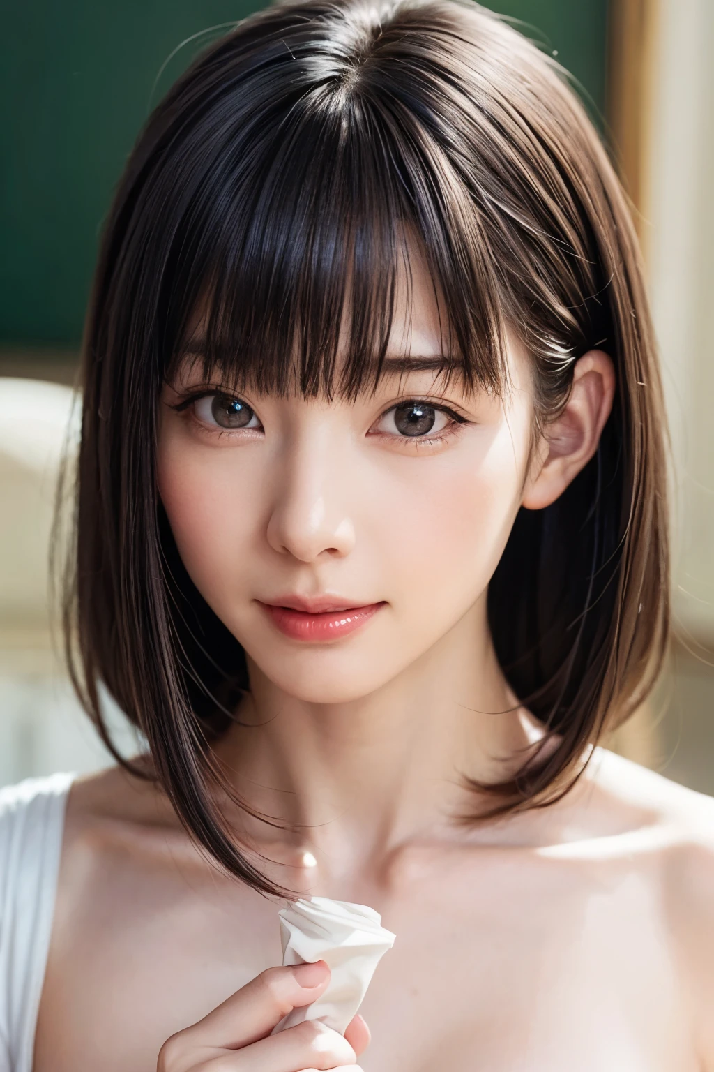 ((masterpiece, Highest quality, High resolution、Realisticですべてが美しく詳細に描かれている)), 1 person, (Realistic: 1.4), alone, White Background, snow-White Background, Mouth closed, smile, smile, Beautiful black hair, short hair, Big eyes, Transparent double eyelids, eyelash, Listen carefully, Long neck, 美しくLong neck, Absolute area, ((Face close-up)), (Draw the whole head, shoulder), 19 years old, Attractive proportions, Glowing Skin, Beautiful clavicle, Golden ratio face, Perfect Face, Teardrop-shaped mole, chestのほくろ, bangs, clean bangs, beautiful bangs, Lip gloss, Thin lips, Fair skin, naked, Big Breasts, {Huge|big|Hugeな|Mega} chest:2, chestの谷間:2,chestの谷間を見せる、Small face, Small face, All the heads are painted, shoulder all drawn, Point slightly above the camera