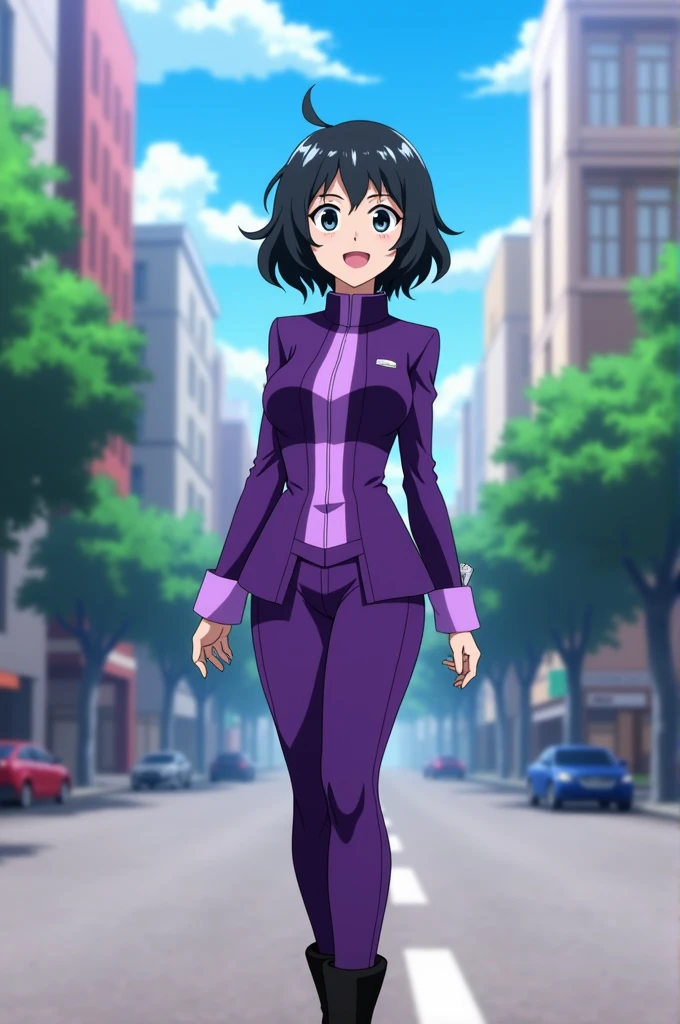 screenshot of My Hero Academia, pretty Woman, black hair with white tips,wavy and short, round eyes of bluish black color, happy expression, a purple suit with a lilac line down the middle,wearing black boots,walked, street of a city