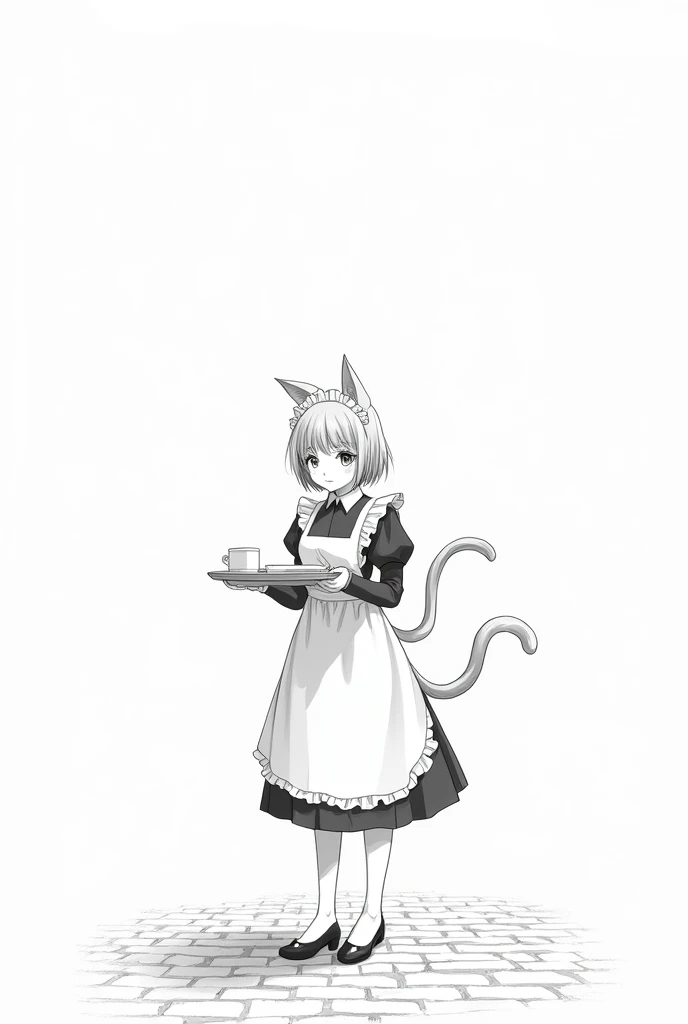 Jacques prevert black and white illustration art, illustration of a beautiful 16yo girl, cat ears, cat tail, tray in hand, maid suit, line draw, brick floor, white simple background, --ar 2:3 --stylize 50