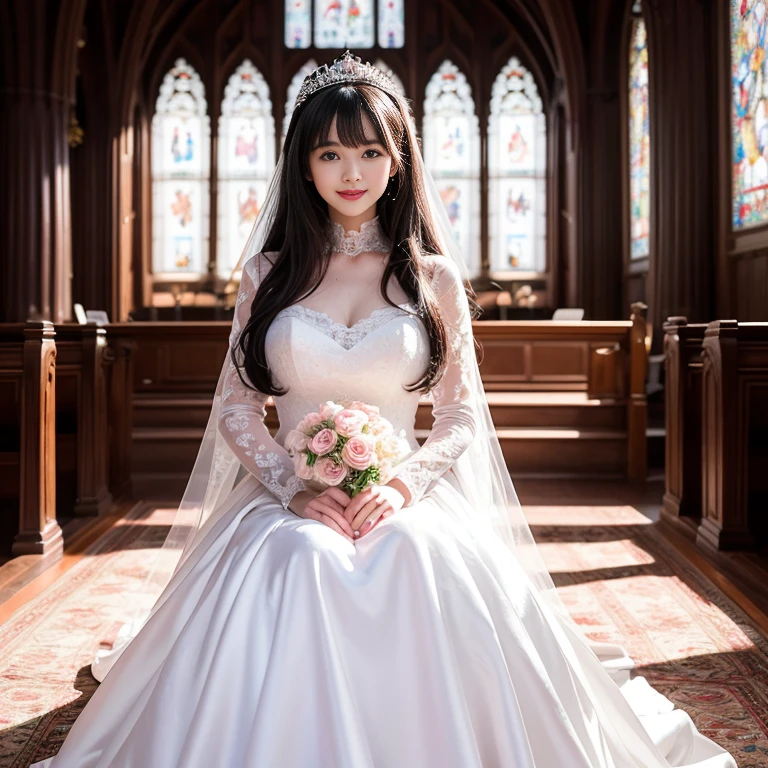 best quality, Delicate face,beautiful visual work, lifelike, eternity, black hair, Long curly hair, blunt bangs, Smile, Detailed Background, Delicate face,pink blush,cold,((masterpiece))、(top quality)、8k、high detail、Super detailed,31 years old female,Seductive and whimsical style、masterpiece、born、Scenes resembling fairy tale illustrations、Intricate details and complex designs、Beautifully、magic、capricious、 Beautifully、Dream aesthetics、「𝓡𝓸𝓶𝓪𝓷𝓽𝓲𝓬、ethereal、charming、fickle、magic」、Realism、Visual effects、FXAA、SSAO、Shaders、voiceless、ambient lighting、Tone mapping、High resolution、Ultra high quality、Million pixels、(8K resolution:1.10)、8k、Below 8K、8K resolution、high detail、intricate details, (high quality:1.2、masterpiece:1.2、:1.21)、(31 years old female:1.21)、(Smile excitedly)、(Surrounded by the dreamy atmosphere、Model diagram,full-body shot,Normal 2 feet,Don't show your fingers,wearing white princess wedding dress, Don’t show your feet, big skirts, princess dress, wedding princess dress, ball gown wedding dress, bride, bridal veil,in the church,Holding flowers in both hands, long skirt, long sleeves,a bride, skirt covers feet.