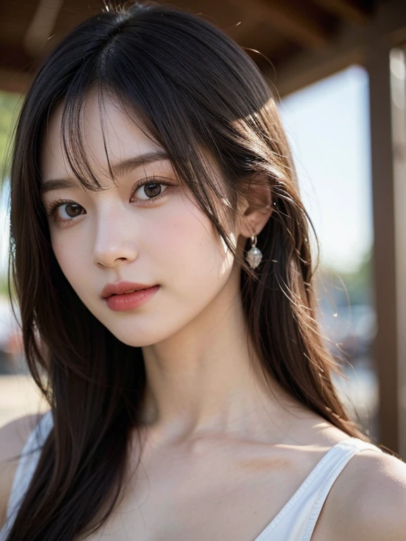 (masterpiece:1.3), (8k, Realistic, RAW Photos, Best image quality: 1.4), 、(Random Hairstyles:1.2)、Highly detailed face、Attention to detail、double eyelid、Sharp focus:1.2、Beautiful woman:1.4、Light brown hair、Highest quality、masterpiece、Ultra-high resolution、(Realistic:1.4)、Highly detailed and professional lighting、Brown Knight、thin、A sparkling smile、Long black hair、Deadly position、Beautiful Skin、Random Pause、Shiny Hair、Natural pose、Swimwear、Exposed cleavage