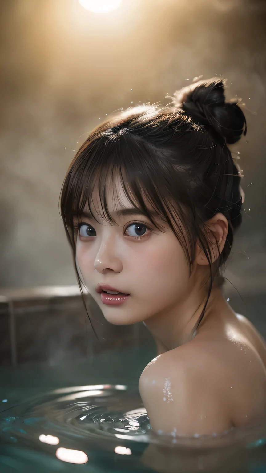 ((top quality, 8k, masterpiece: 1.3)), woman soaking in a Japan hot spring (wearing a light beige split lace bandeau, indoors, in the hot spring: 1.3), full body portrait, background is wall and window, sweating, water droplets on forehead of the face, overhead camera, sharp focus: 1.2, cute woman: 1.4, light brown hair, bangs, twin pigtails, Highly detailed face and skin and hair texture, wet texture hair, hair clip, wet body, detailed eyes, double eyelids, white skin, beautiful legs, beautiful delicate nose, cute young Japan woman, teasing smile, Calm expression and calm breathing create a calm atmosphere, with dynamic angles, It is a composition pleasing to the eye and suggestive, while emphasizing the subject's hair, eyes, mouth and action, while exuding melancholy emotions characterized by muted tones and contrasting mixes of light and shadow.