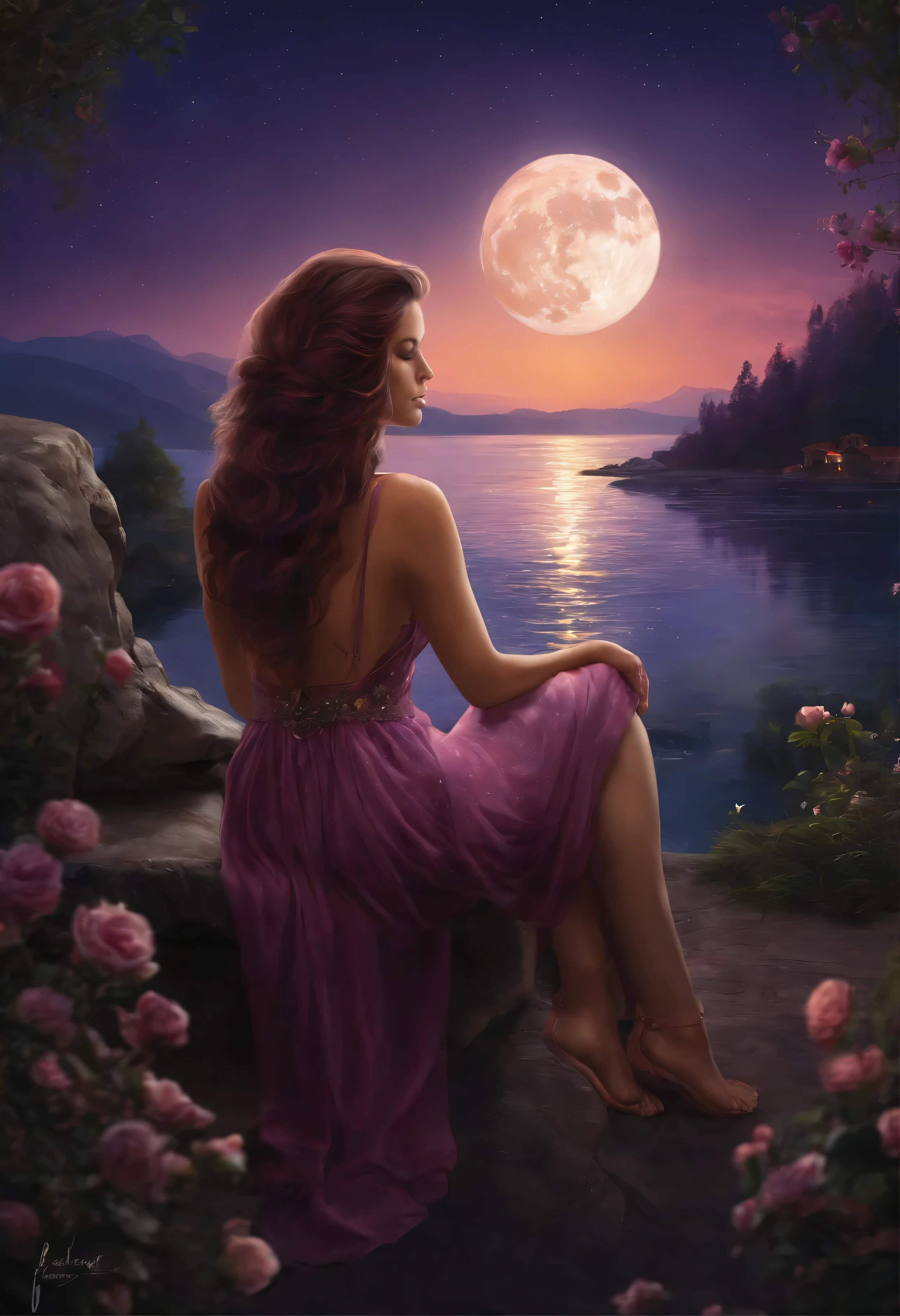 An artistic painting depicting a woman sitting on a chair in a beautiful and stunning place at night. Her hair is short and tends to be pinkish-purple, and her hair color is close to that. The moon appears in the sky. The woman has a beautiful tattoo on her back, which adds a unique touch to her personality and to the scene in general.”