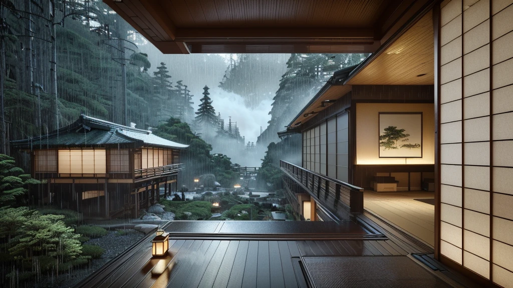 There are rooms overlooking the forest and mountains.。, Wet day. Game Rendering, Luxury hot spring, akihiko yoshida. Unreal Engine, Japanese House, Inspired by Kyoto, Highly realistic concept art, Japanese hot springs, Lush Japanese landscape, Breathtaking Rendering, Ultra-realistic concept art, Japanese architecture, Japanese inspiration, Cyberpunk Japanese Temple, beautifully detailed render