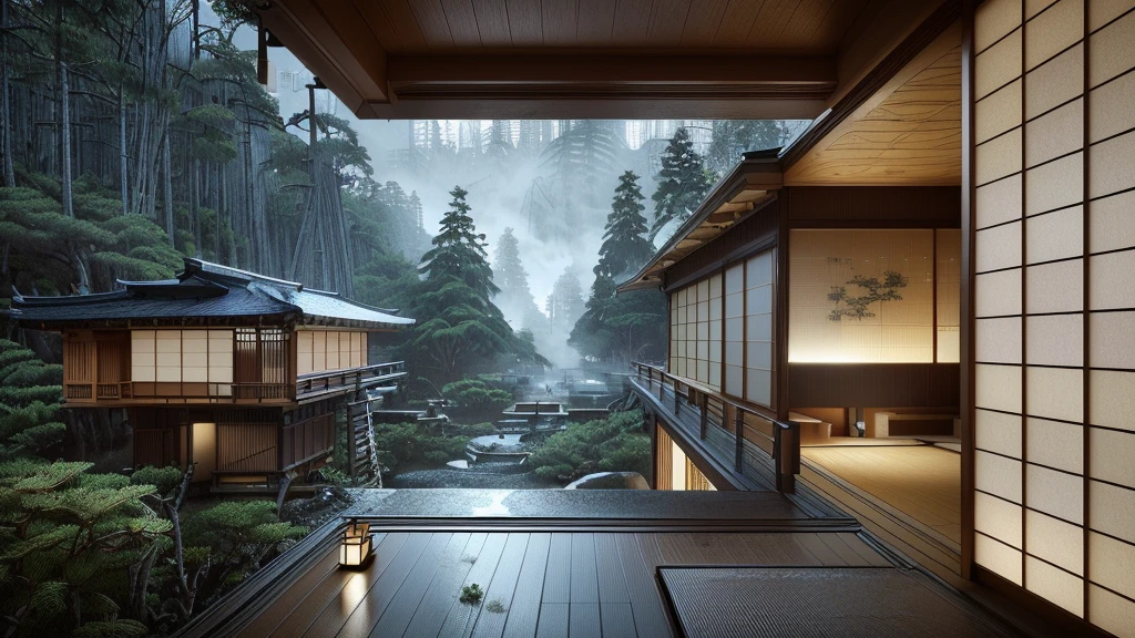 There are rooms overlooking the forest and mountains.。, Wet day. Game Rendering, Luxury hot spring, akihiko yoshida. Unreal Engine, Japanese House, Inspired by Kyoto, Highly realistic concept art, Japanese hot springs, Lush Japanese landscape, Breathtaking Rendering, Ultra-realistic concept art, Japanese architecture, Japanese inspiration, Cyberpunk Japanese Temple, beautifully detailed render