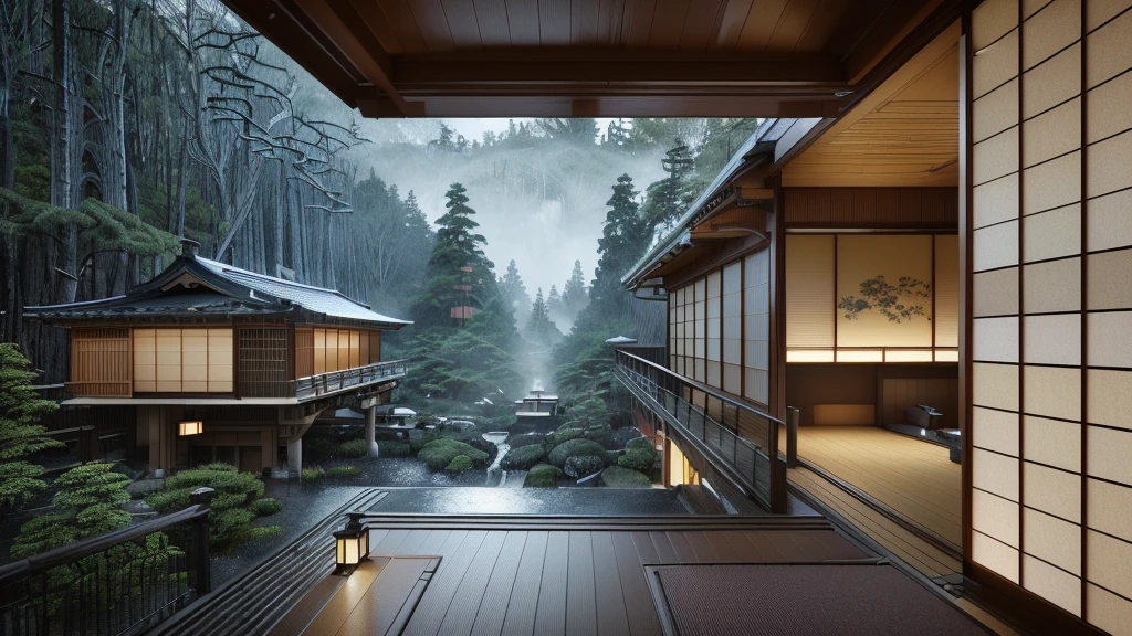 There are rooms overlooking the forest and mountains.。, Wet day. Game Rendering, Luxury hot spring, akihiko yoshida. Unreal Engine, Japanese House, Inspired by Kyoto, Highly realistic concept art, Japanese hot springs, Lush Japanese landscape, Breathtaking Rendering, Ultra-realistic concept art, Japanese architecture, Japanese inspiration, Cyberpunk Japanese Temple, beautifully detailed render