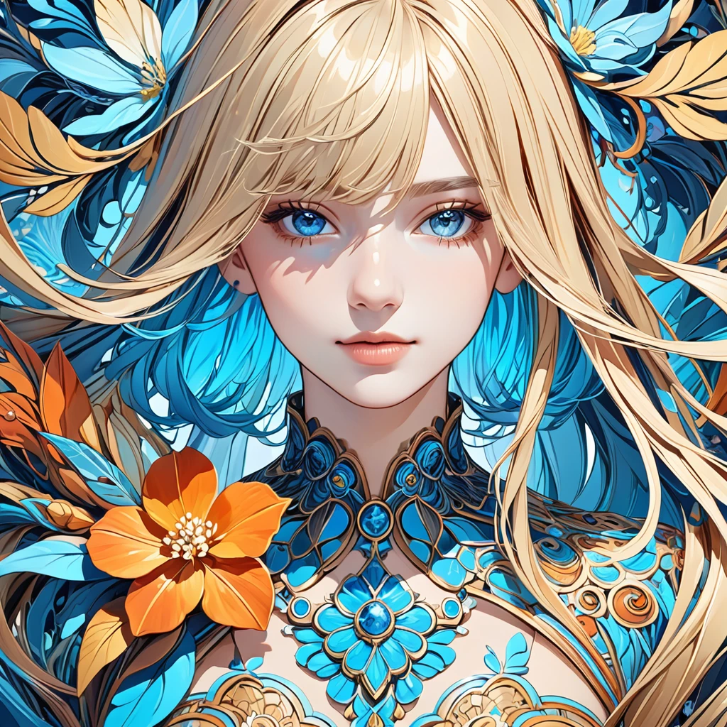 
Create a hyper-detailed head-to-waist portrait of a girl with long, vibrant, multicolored hair in shades of blue and blonde. The image features a dark amber and light azure color palette with a delicate flower near her nose. It should be in 8K UHD resolution, capturing intricate details and rich colors.
