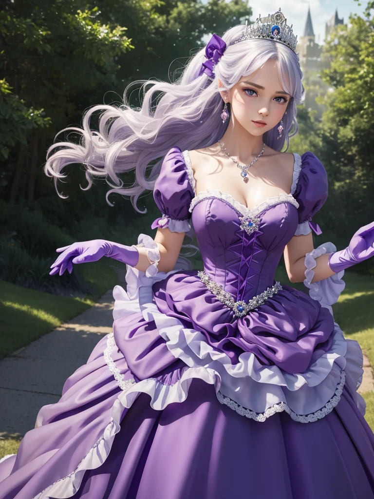 Princess, princess dress, purple dress, purple dress with crystals, heels, dress with ribbons and bowes, long dress, puffy sleeves, earings, crowns, castle, High Resolution, Masterpiece, Breasts, ball gown, blue eyes, silver hair, gloves, blushing, cute, victorian dress, standing, windy