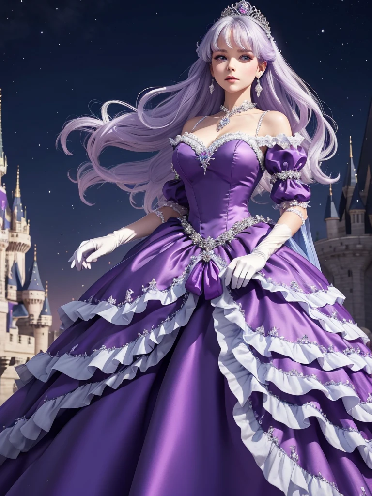 Princess, princess dress, purple dress, purple dress with crystals, heels, dress with ribbons and bowes, long dress, puffy sleeves, earings, crowns, castle, High Resolution, Masterpiece, Breasts, ball gown, blue eyes, silver hair, gloves, blushing, cute, victorian dress, standing, windy