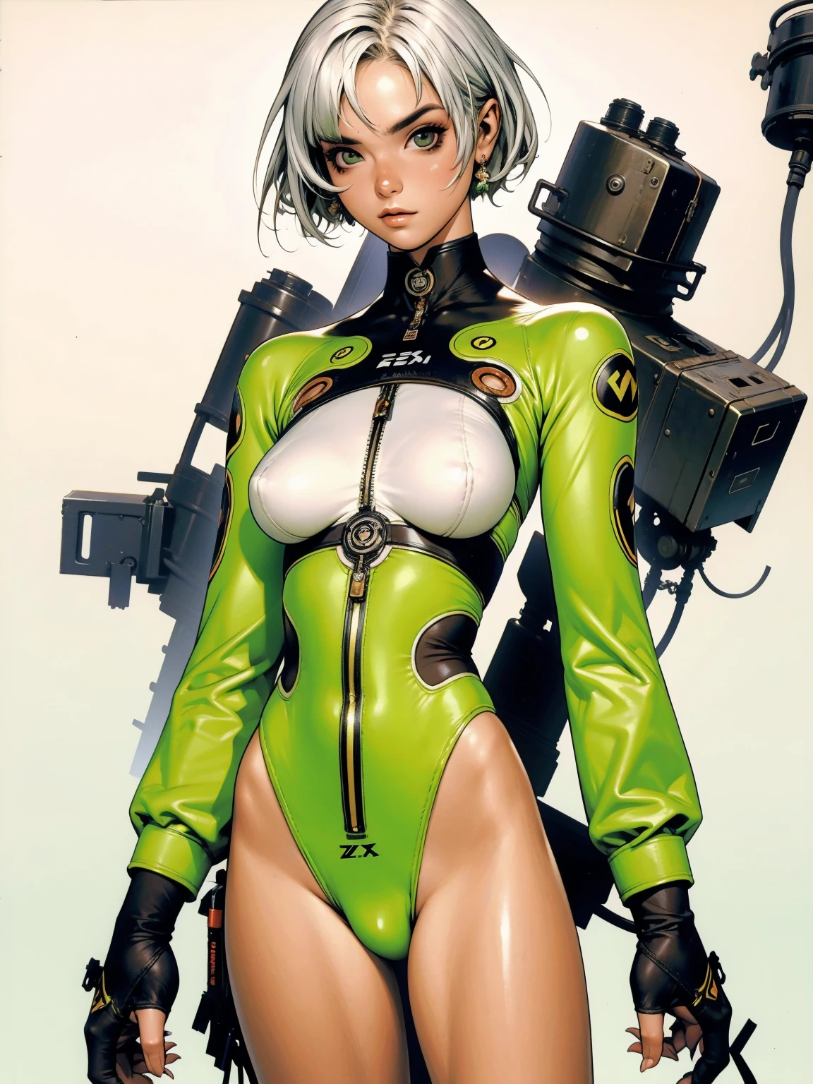 (((Anby Demara))), (((green SUIT))), ((Zenless Zone Zero)), ((( soldier suit ))), (((white short haircut))), (((Russian girl))), ((high collar)), (((green suit))), (((best qualityer: 1.4))), (Unbeatable masterpiece), (hiper HD),(CG 8k hyper-realistic), (((brave face))), (((breasts big))), (((hyper feminine))), sexly girl, ((( sculptural body ))), (((1 Kizi))), Kizi cibernética de 25 anos com perfectbody,,Beautiful and well-groomed face,muscular body:1.2,solid color detailed jacket, (Head to thigh photos), Complex equipment, green dark,Long pants,Tight clothes are dark,With white stars and off-white stripes,,,,,Armor Metal Electronic Parts, Poison tattoos ) INFO, Kizi, (((standing alone))), pirralha violent, ((())), sexly, pose de atitude, work of art, post-apocalypse, (((manga style))), bounty hunter, violent, Manic, the way you want, slenderbody, thin but strong, perfectbody, roupa moderna, advanced technology, neon, sleeves with vertical striped pattern, neutral background, (( cowboy shot )). intricate visual