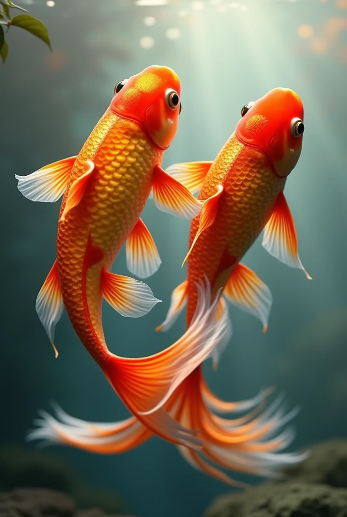 Two goldfish with tails patterned like the Japanese flag.