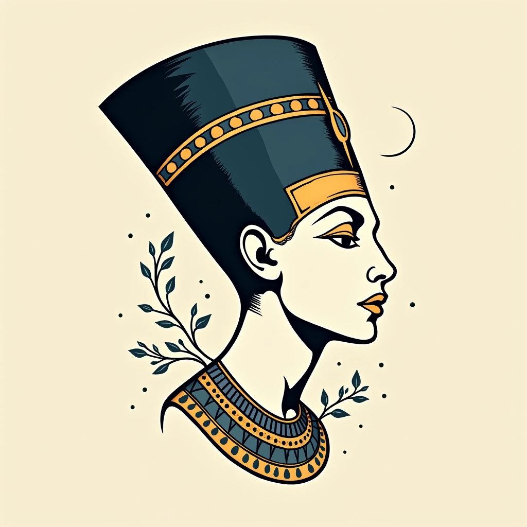 Nefertiti's head, an iconic figure of ancient Egypt, with her famous elongated crown, but drawn in a simplified way. The face would be serene and sculpted with smooth and elegant lines, In the Neo-traditional style, using bold shadows and outlines. Nefertiti's crown would be stylized with curved and ornamental lines, typical of Art Nouveau, but without too many excessive details.

Instead of an overloaded design, the focus would be on simple elements, like the graceful silhouette of the crown and the soft curves of the face. around the head, you can add small touches like arabesques or delicate lines that follow the flow of the composition, but without overloading the image. Touches of gold, blue and black can be used to bring the design to life, reflecting the traditional Egyptian palette, but with the intensity of the neo traditional.

This tattoo captures the beauty and elegance of ancient Egypt with a modern approach, clean and stylized.