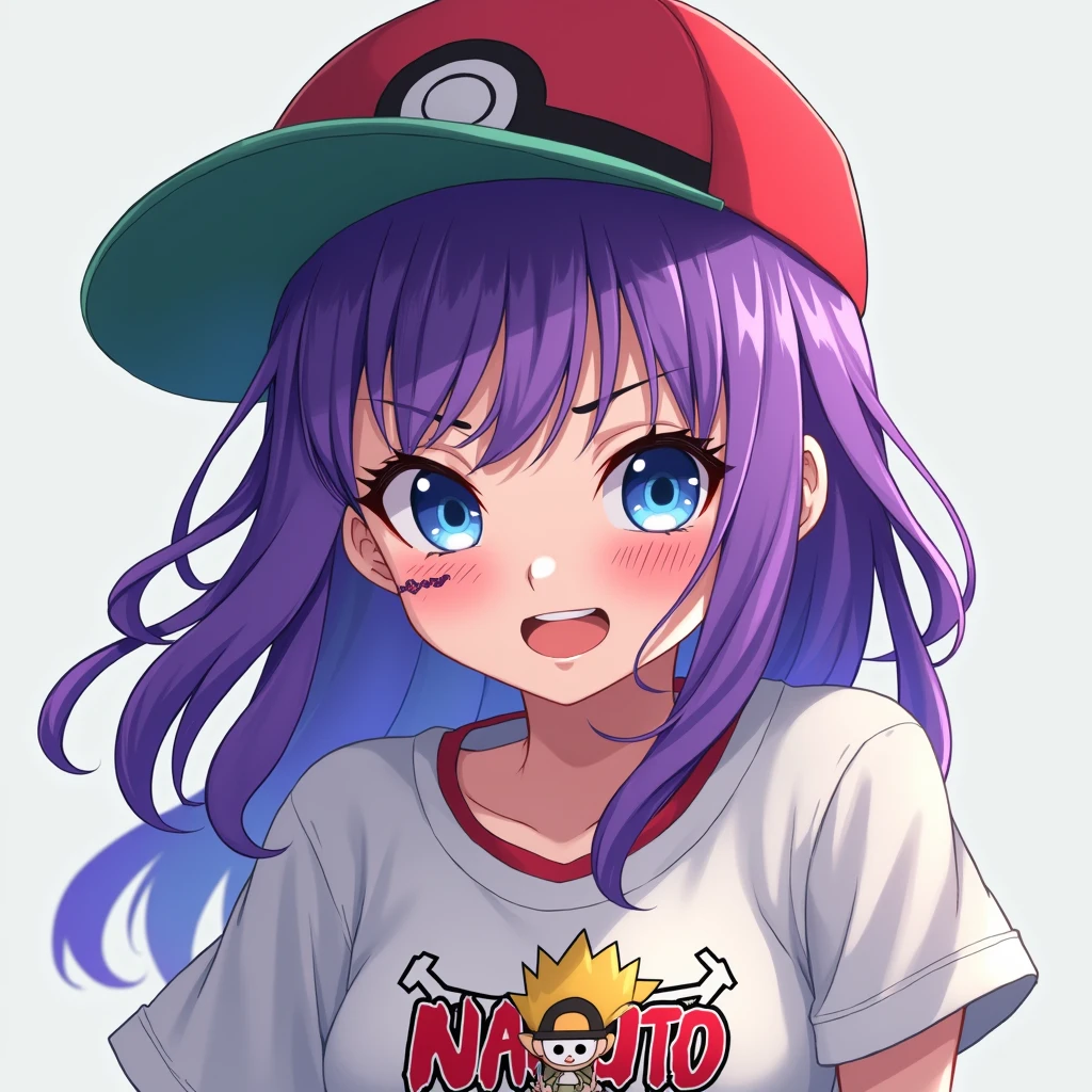 Female character, anime styling, cabelo roxo, long hair, pretty, skin fair, blue colored eyes, with a Pokémon Poké Ball hat, with naruto shippuden anime t-shirt, cut below the left eye like Luffy from One Piece