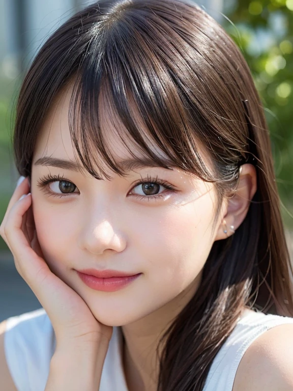 (masterpiece:1.3), (8k, Realistic, RAW Photos, Best image quality: 1.4), 、(Random Hairstyles:1.2)、Highly detailed face、Attention to detail、double eyelid、Sharp focus:1.2、Beautiful woman:1.4、Light brown hair、Highest quality、masterpiece、Ultra-high resolution、(Realistic:1.4)、Highly detailed and professional lighting、Brown Knight、thin、A sparkling smile、Long black hair、Deadly position、Beautiful Skin、Shiny Hair、Childish expression、Upper Body、Touching your face with your hands