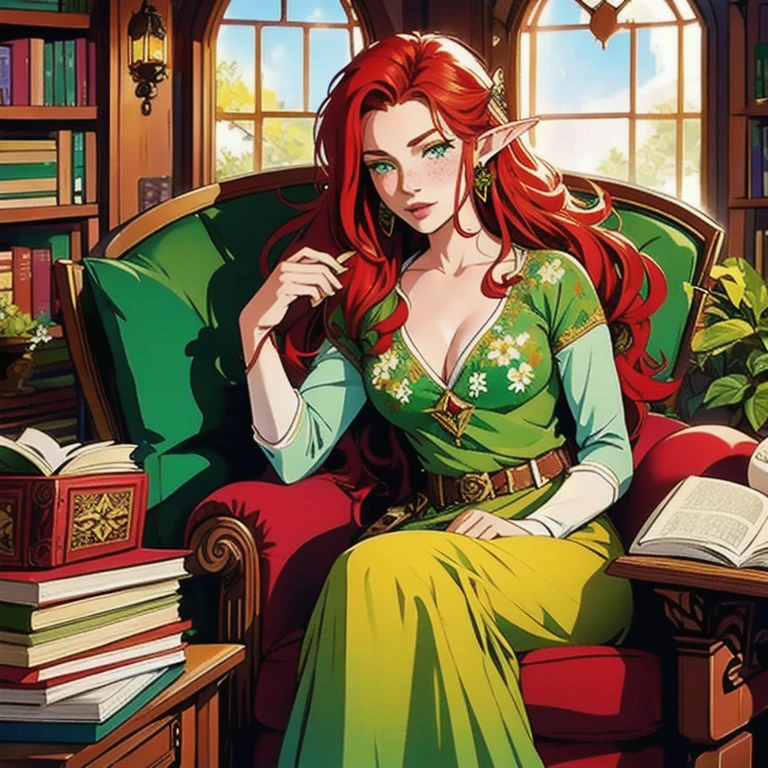a beautiful elf princess with long red hair and freckles, sitting comfortably in an armchair in a cozy elf library, holding a big book, green eyes, hair between the eyes, wearing a floral outfit, flower earrings, full body sensual pose, watercolor medium, highly detailed, high resolution, photorealistic