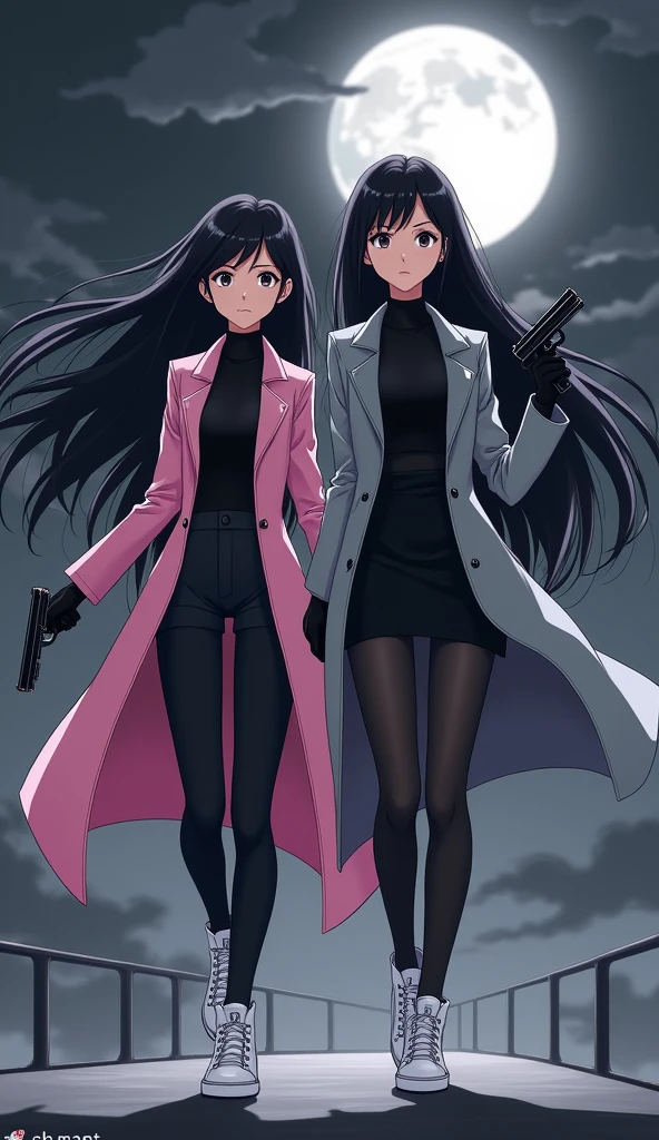 Two young womens long black hairs, yuri.

The first young women black eyes wear a pink long coat, black shirt, black pencil skirt, black underpants, black tights, black gloves, white sneakers high top.

The second young women black eyes wore a grey long coat, black shirt, black pencil skirt, black underpants, black tights, black gloves, white sneakers high top.

holding a one pistol handguns, running, black grey sky, fantastic night sky, moon, cartoon anime, 4K, HD