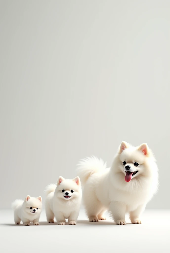 Create an image that shows the growth of a white Pomeranian dog from birth to adulthood  