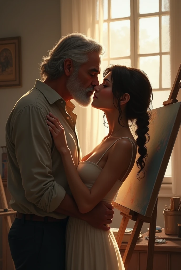 Image of an older man with black hair kissing a young girl on the mouth and embracing her from behind., while the young woman is painting