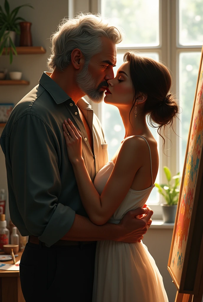 Image of an older man with black hair kissing a young girl on the mouth and embracing her from behind., while the young woman is painting
