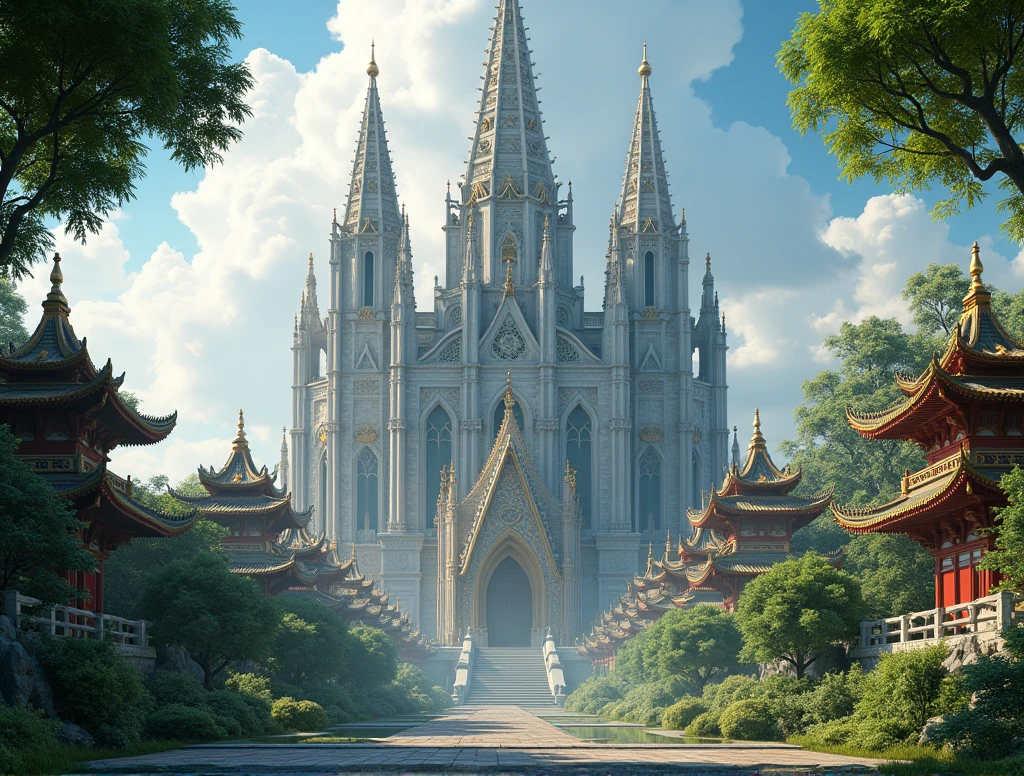 at a medium distance Notre Dame in a large Asian astral temple and have nature