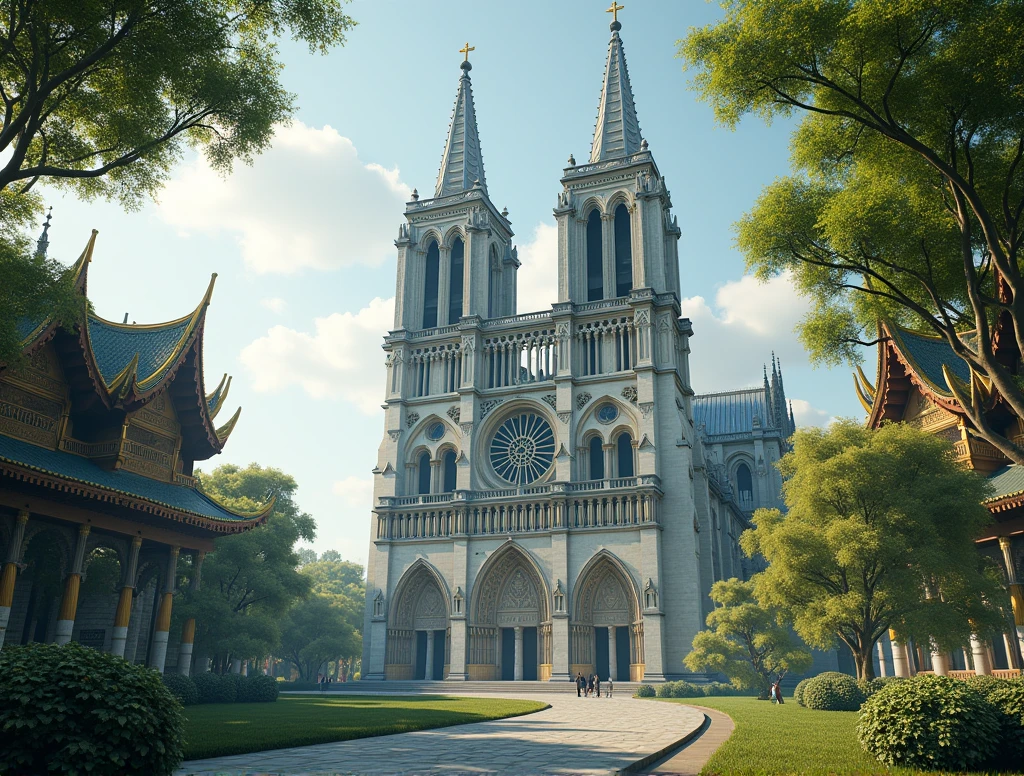 at a medium distance Notre Dame in a large Asian astral temple and have nature