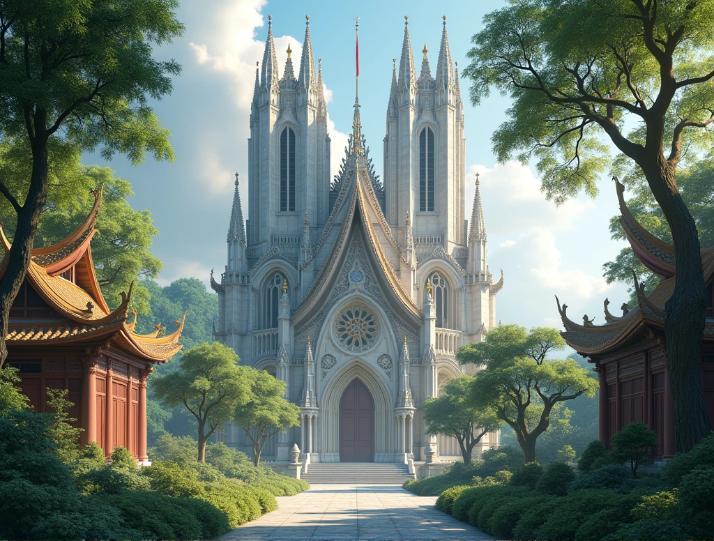 at a medium distance Notre Dame in a large Asian astral temple and have nature