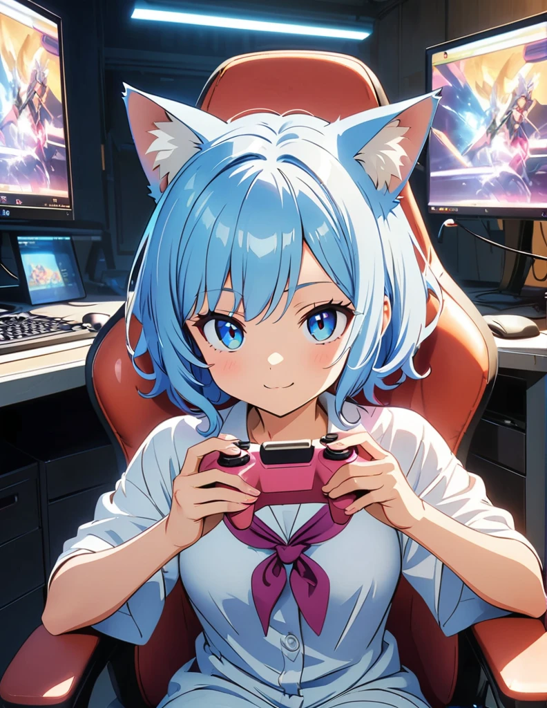 (anime artwork, anime style, studio anime, very detailed, up to date, vibrant, Anime Coloring, high contrast, masterpiece:1.2, best quality, best aesthetics),(774inc official style:1.5),(souya ichika:1.5) 1 girl,Blue hair,short frizzy hair,shaggy cut,Best quality,light smile,{{gaming pc}},{{pink gaming chair}}, holding_controller, foreshortening,(cat ear:1.5), perfect anatomy,blue eyes,cowboy shot,